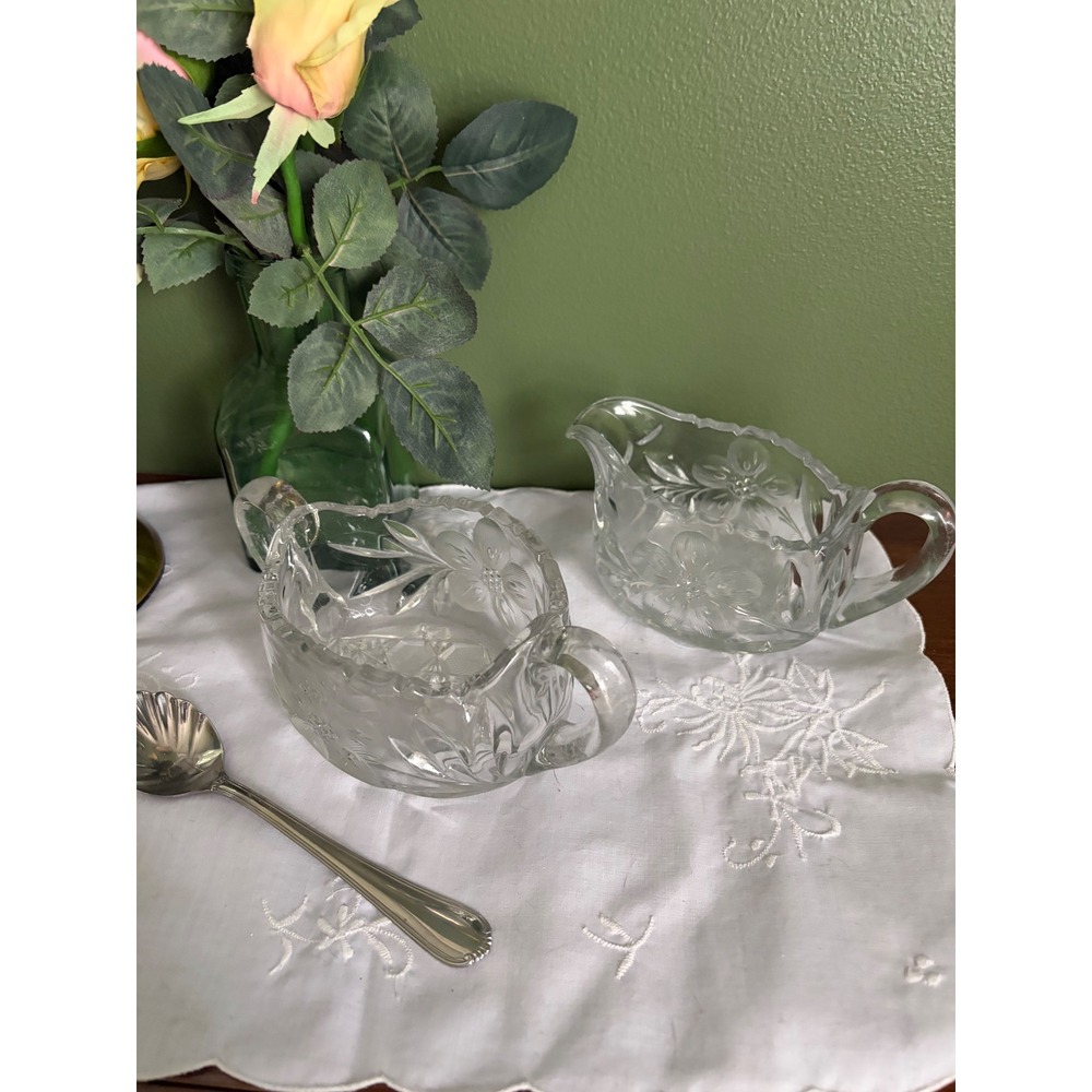 American Brilliant Period Style Cut Glass Creamer and Sugar Set, Vintage Crystal